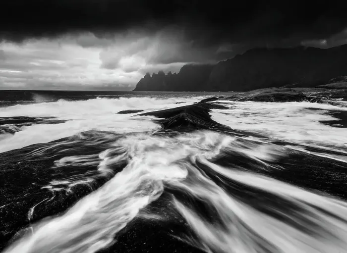 Framed Print : A black and white perspective of the rugged Okshornan peaks seen from Tungeneset on a stormy evening. Senja Island, Norway Framed Print : A black and white perspective of the rugged Okshornan peaks seen from Tungeneset on a stormy evening. Senja Island, Norway