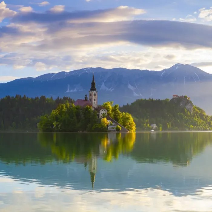 Framed Print : Bled Island with the Church of the Assumption illuminated at sunrise, Lake Bled, Bled Framed Print : Bled Island with the Church of the Assumption illuminated at sunrise, Lake Bled, Bled