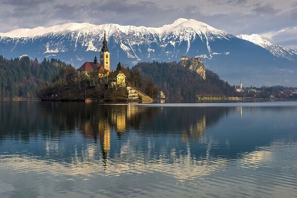 Bled, Slovenia, Europe. A panoramic view of Julian Alps, lake Bled with St