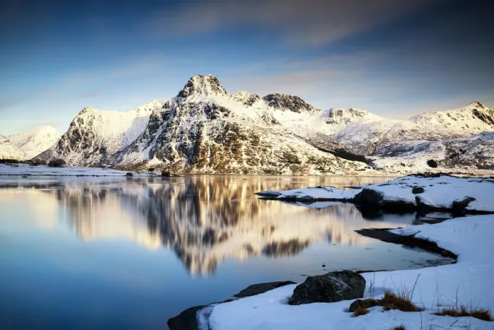 Framed Print : Blekktinden Reflecting in Flakstadpollen, Lofoten Islands, Norway Framed Print : Blekktinden Reflecting in Flakstadpollen, Lofoten Islands, Norway