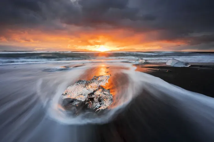 Framed Print : Block of ice at sunrise, Jokulsarlon, Diamond beach, Austurland, Iceland Framed Print : Block of ice at sunrise, Jokulsarlon, Diamond beach, Austurland, Iceland