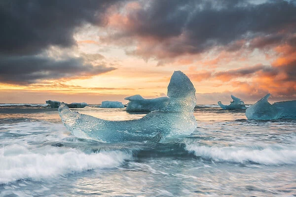 Blocks of ice at sunrise, Jokulsarlon, Diamond beach, Austurland, Iceland, Northern Europe
