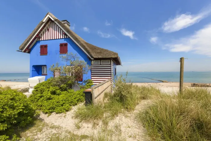 Framed Print : Blue beach house, Graswarder, Heiligenhafen, Schleswig-Holstein, Germany, Europe Framed Print : Blue beach house, Graswarder, Heiligenhafen, Schleswig-Holstein, Germany, Europe