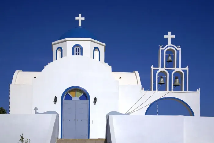 Framed Print : Blue Domed Church & Bell Tower, Santorini, Greece
