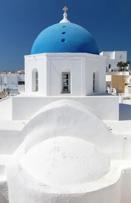 Framed Print : Blue domed church, Megalachori, Santorini, Cyclades Islands, Greece, Europe Framed Print : Blue domed church, Megalachori, Santorini, Cyclades Islands, Greece, Europe