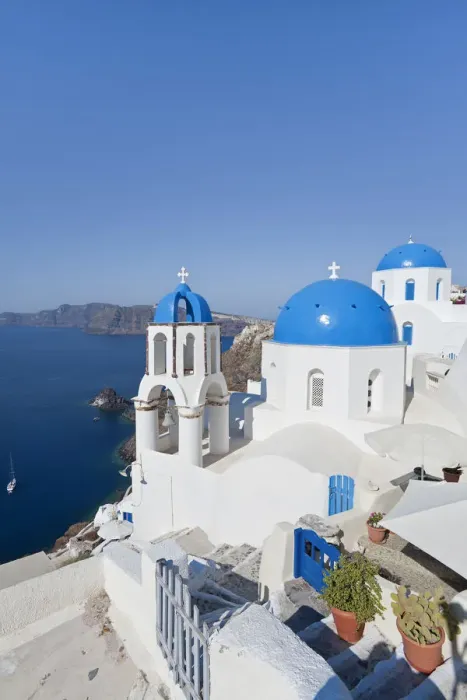 Framed Print : Blue domed churches in the village of Oia (La), Santorini (Thira), Cyclades Islands Framed Print : Blue domed churches in the village of Oia (La), Santorini (Thira), Cyclades Islands