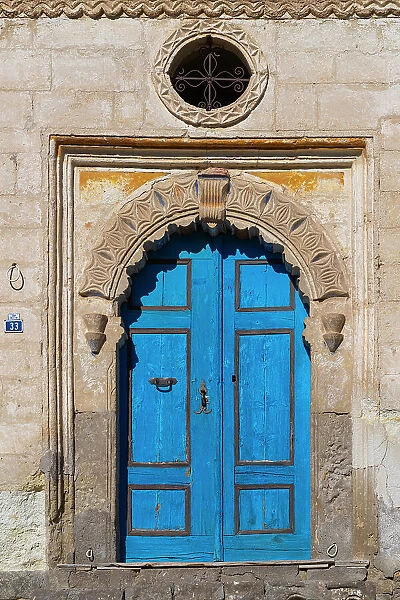 Blue door of house, Mustafapasa, Urgup District, Nevsehir Province, Cappadocia, Central Anatolia Region, Turkey
