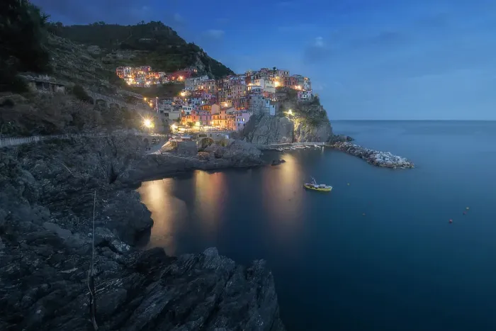Framed Print : Blue hour over the small fishermen's town of Manarola, part of Cinque Terre in Liguria, in spring. Cinque Terre, Italy