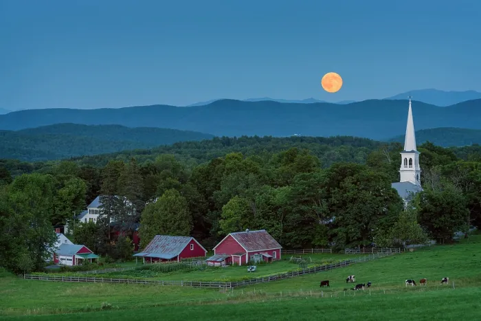 Framed Print : Blue moon rising over white-steeple church and red barn, Green Mountains, Peacham, Vermont, USA Framed Print : Blue moon rising over white-steeple church and red barn, Green Mountains, Peacham, Vermont, USA