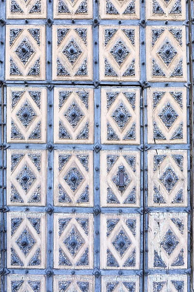 Blue patterned wooden door, Salamanca, Castille and Leon, Spain
