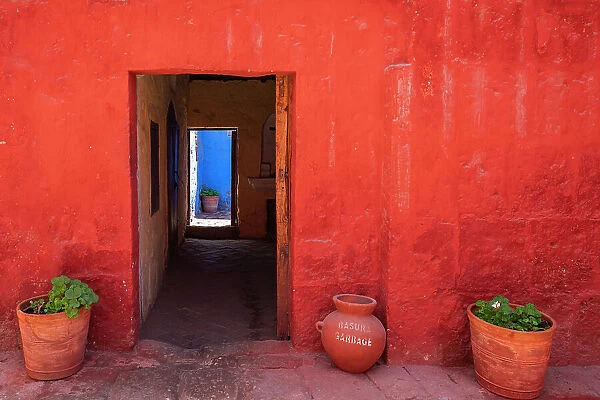 Blue and red doorway of Monastery of Santa Catalina de Siena, UNESCO, Arequipa, Arequipa Province, Arequipa Region, Peru