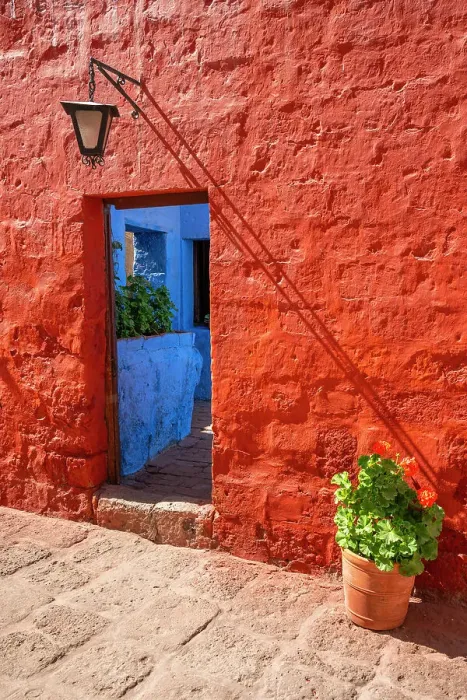 Framed Print : Blue and red doorway of Monastery of Santa Catalina de Siena, UNESCO, Arequipa, Arequipa Province, Arequipa Region, Peru
