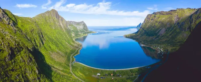 Framed Print : Blue sea of fjord framed by Husfjellet mountain in summer, aerial view, Steinfjord, Senja Framed Print : Blue sea of fjord framed by Husfjellet mountain in summer, aerial view, Steinfjord, Senja
