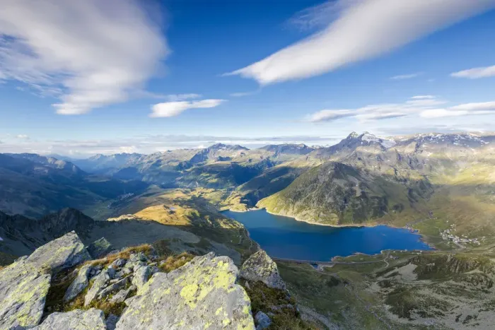 Framed Print : Blue sky on Lake Montespluga and Madesimo with Piz Ferre on the background Chiavenna