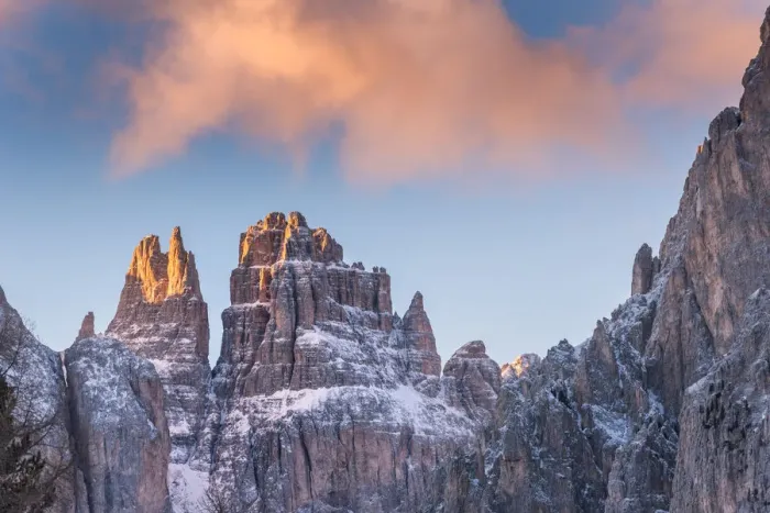 Framed Print : Blue sky and red clouds on the rocky peaks of the Rosengarten massif in winter Dolomites Framed Print : Blue sky and red clouds on the rocky peaks of the Rosengarten massif in winter Dolomites