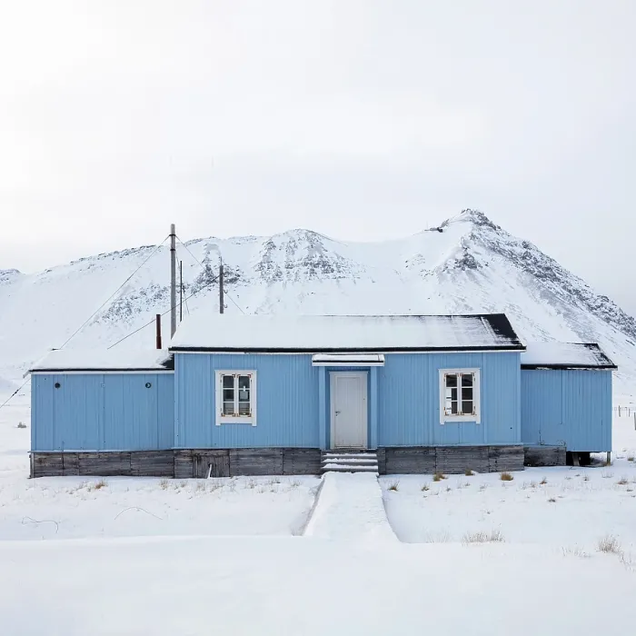 Framed Print : Blue timber building in remote former mining town of Ny Alesund, Oscar II Land, Spitsbergen, Svalbard, Norway Framed Print : Blue timber building in remote former mining town of Ny Alesund, Oscar II Land, Spitsbergen, Svalbard, Norway