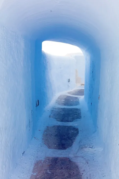 Framed Print : Blue washed allyway, Pyrgos, Santorini, Cyclades Islands, Greece, Europe