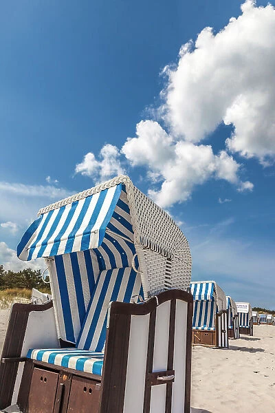 Blue and white beach chairs on the beach of Zingst, Mecklenburg-Western Pomerania, Baltic Sea, Northern Germany, Germany