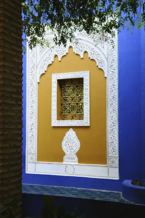 Framed Print : The blue and yellow contrast found in the Majorelle garden. Marrakech, Morocco