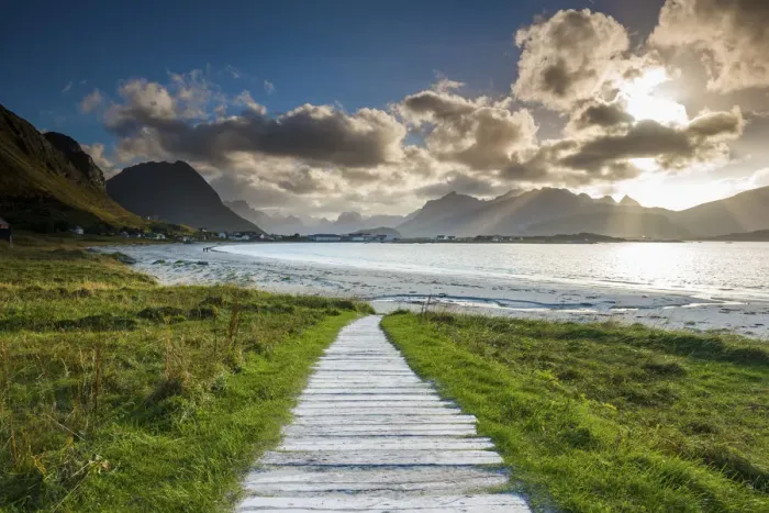 Framed Print : Boardwalk Leading to Ramberg Beach, Lofoten Islands, Norway Framed Print : Boardwalk Leading to Ramberg Beach, Lofoten Islands, Norway