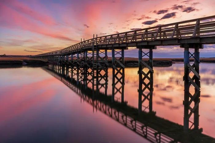 Framed Print : Boardwalk reflection at sunrise, Cape Cod, Sandwich, Massachusetts, USA