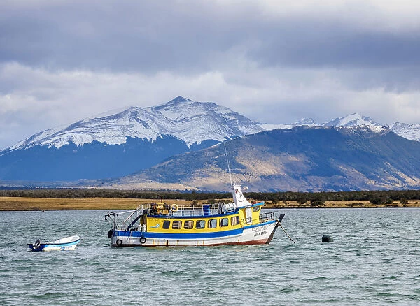 Boat in Admiral Montt Gulf, Puerto Natales, Ultima Esperanza Province, Patagonia, Chile