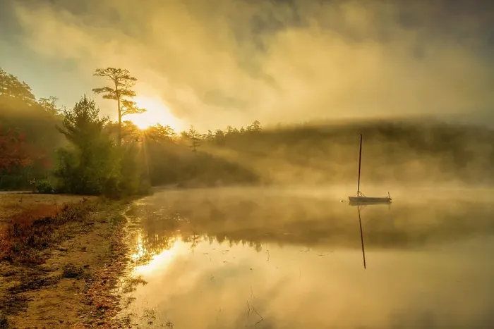 Framed Print : Boat on Crystal Lake at Sunrise, Eaton Center, New Hampshire, USA Framed Print : Boat on Crystal Lake at Sunrise, Eaton Center, New Hampshire, USA
