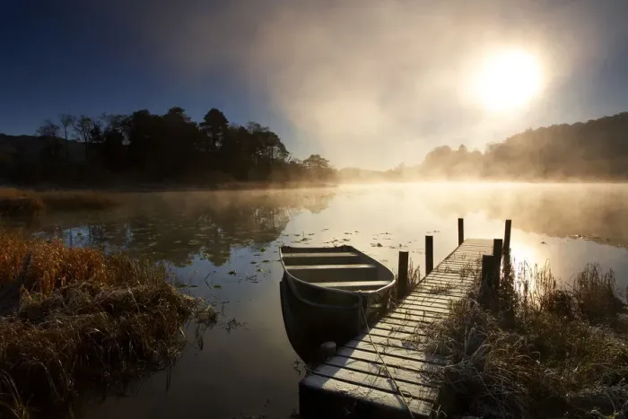 Framed Print : Boat & Jetty at Sunrise, Elterwater, Lake District National Park, Cumbria, England