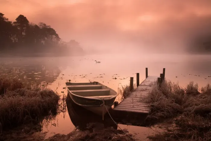 Framed Print : Boat & Jetty at Sunrise with Swan, Elterwater, Lake District National Park, Cumbria Framed Print : Boat & Jetty at Sunrise with Swan, Elterwater, Lake District National Park, Cumbria