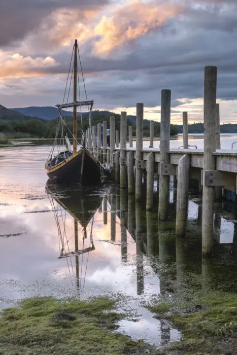 Framed Print : Boat and jetty at sunset on Derwent Water, Lake District, Cumbria, England Framed Print : Boat and jetty at sunset on Derwent Water, Lake District, Cumbria, England
