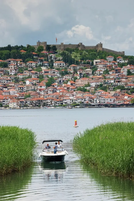 Framed Print : Boat on Lake Ohrid with Ohrid Castle beyond, Ohrid, North Macedonia Framed Print : Boat on Lake Ohrid with Ohrid Castle beyond, Ohrid, North Macedonia