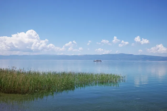 Framed Print : Boat on Lake Ohrid, Ohrid, North Macedonia Framed Print : Boat on Lake Ohrid, Ohrid, North Macedonia