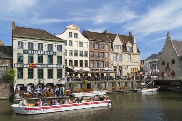 Framed Print : Boat on Leie Canal, Ghent, Flanders, Belgium Framed Print : Boat on Leie Canal, Ghent, Flanders, Belgium