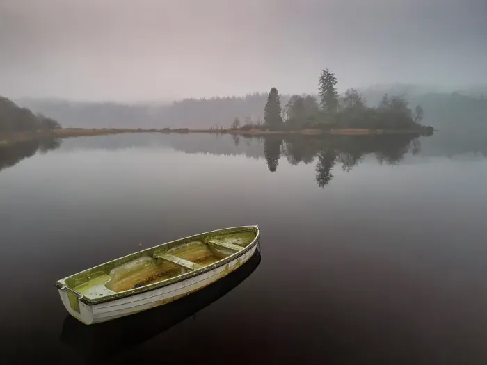 Framed Print : Boat on Loch Achray in Mist, Trossachs National Park, Central Region, Scotland Framed Print : Boat on Loch Achray in Mist, Trossachs National Park, Central Region, Scotland