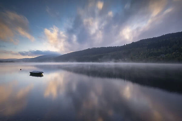 Boat in Mist, Lake Titisee, Baden-Wurttemberg, Schwarzwald, Black Forest, Germany
