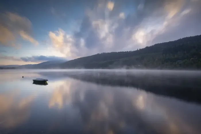 Framed Print : Boat in Mist, Lake Titisee, Baden-Wurttemberg, Schwarzwald, Black Forest, Germany