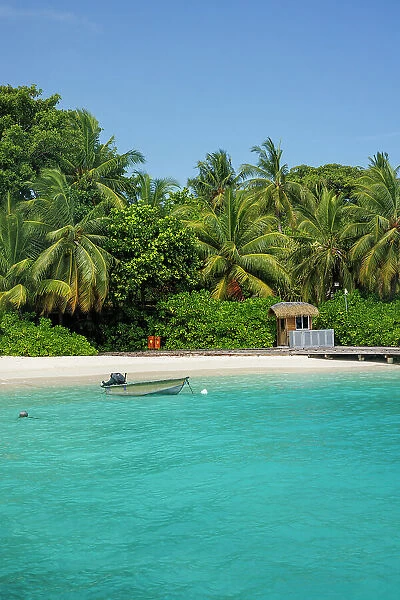 Boat on the turquoise waters of the Indian Ocean, golden sands and tropical palm trees on an island in North Ari Atoll, the Maldives