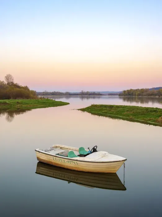 Framed Print : Boat on Vistula River at dusk, Janowiec, Lublin Voivodeship, Poland