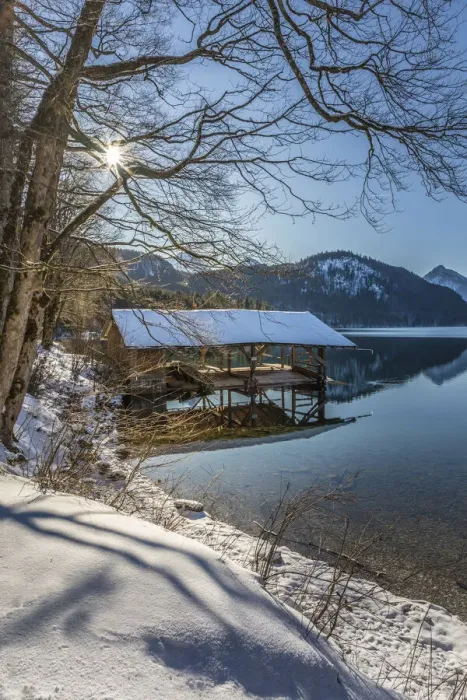Framed Print : Boathouse on Alpsee near Hohenschwangau, Allgaeu, Bavaria, Germany