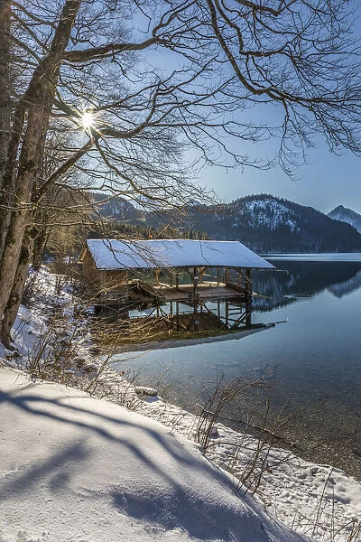Boathouse on Alpsee near Hohenschwangau, Allgaeu, Bavaria, Germany