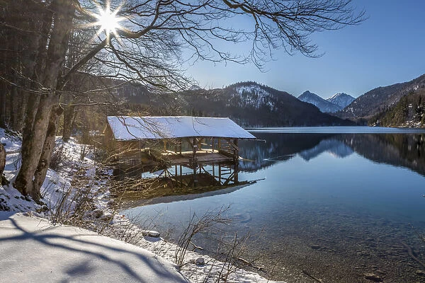 Boathouse on Lake Alpsee near Hohenschwangau, Schwangau, Allgaeu, Bavaria, Germany