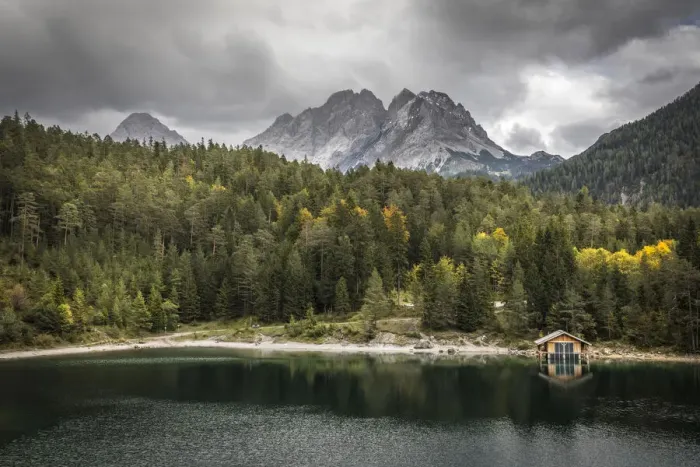 Framed Print : Boathouse on Lake Blindsee with Zugspitze massif, Biberwier, Tyrol, Austria Framed Print : Boathouse on Lake Blindsee with Zugspitze massif, Biberwier, Tyrol, Austria