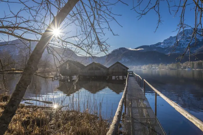 Framed Print : Boathouses at Lake Kochel, Schlehdorf, Upper Bavaria, Bavaria, Germany