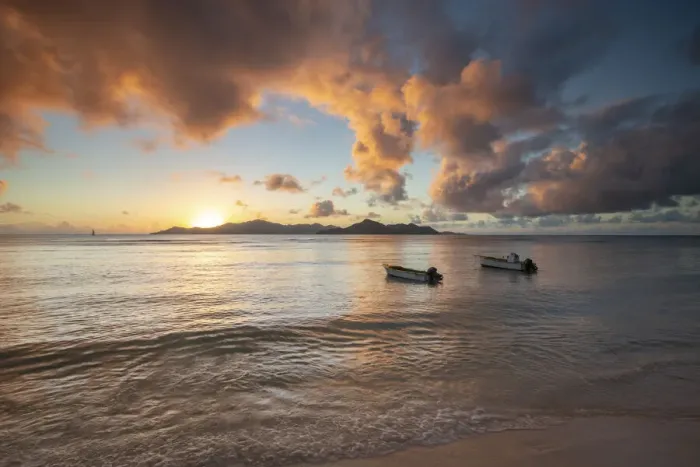 Framed Print : Boats on Anse Reunion, La Digue, Seychelles