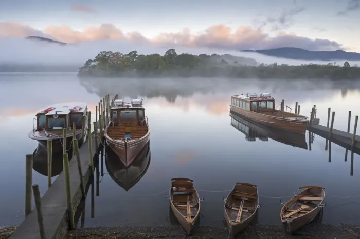 Framed Print : Boats on Derwent Water on a misty autumn morning, Lake District National Park, Keswick Framed Print : Boats on Derwent Water on a misty autumn morning, Lake District National Park, Keswick