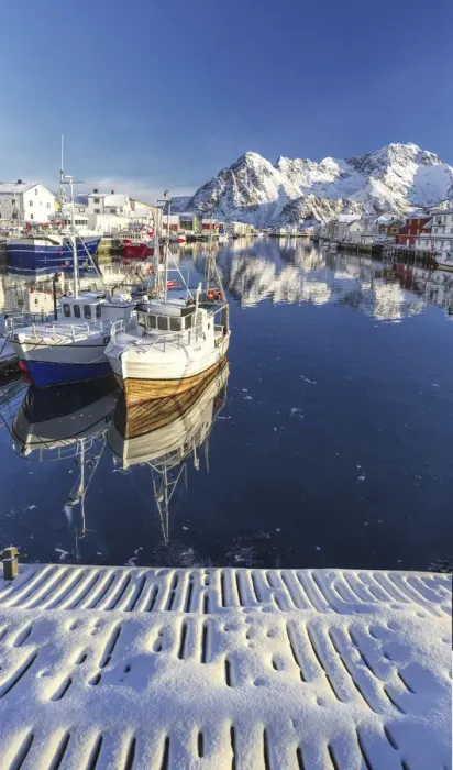 Framed Print : Boats still in Henningsvaer port. Lofoten Islands. Norway. Europe