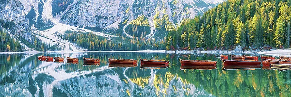 Boats on Lago di Braies, South Tyrol, Dolomites, Italy