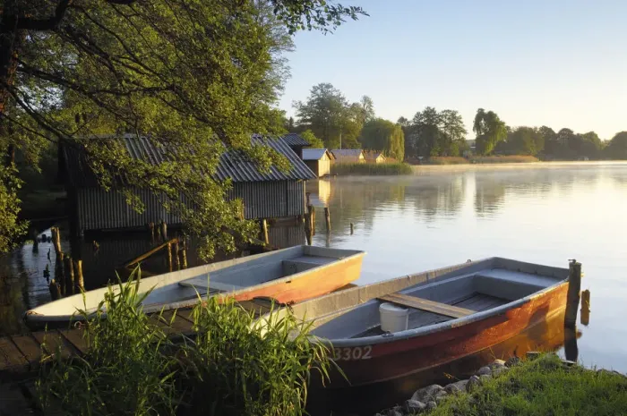 Framed Print : Boats at Lake Haussee at sunrise, Feldberg, Feldberger Seenlandschaft Framed Print : Boats at Lake Haussee at sunrise, Feldberg, Feldberger Seenlandschaft