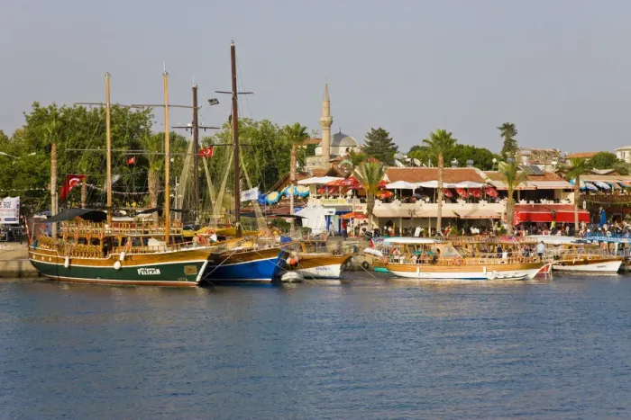 Framed Print : Boats lining the harbourside, Side, Mediterranean Coast, Turkey Framed Print : Boats lining the harbourside, Side, Mediterranean Coast, Turkey