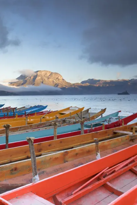 Framed Print : Boats on Lugu Lake at dawn, Yunnan, China Framed Print : Boats on Lugu Lake at dawn, Yunnan, China